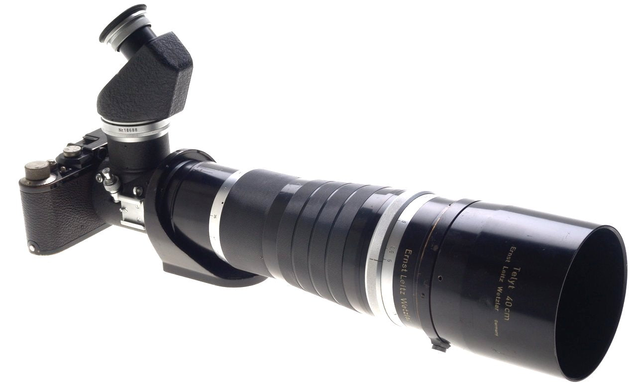 LEICA II BLACK PAINT RARE CAMERA LENS 5/400mm TELYT f=40 cm 1:5 REMOVABLE HOOD