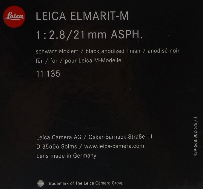 NEW LEICA ELMARIT-M 2.8/21mm ASPH. LENS 11135 WIDE ANGLE 6-Bit BOX CAP HOOD f=21