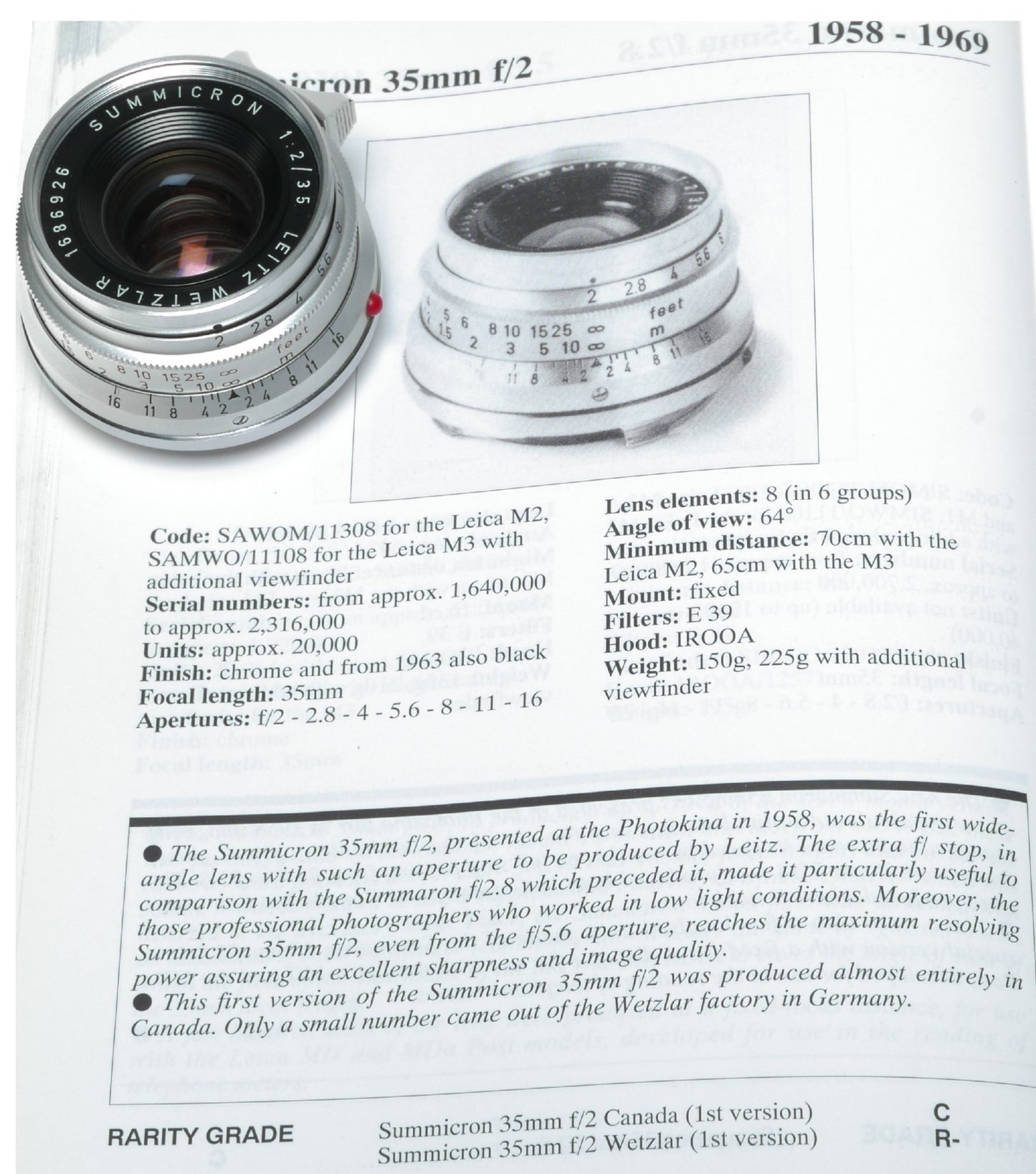 Leica Summicron 8 elements 2/35 mm Germany vintage lens Exceptional