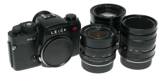 Leica R6.2 SLR 35, 90 and 60mm Macro-Elmarit-R film camera set