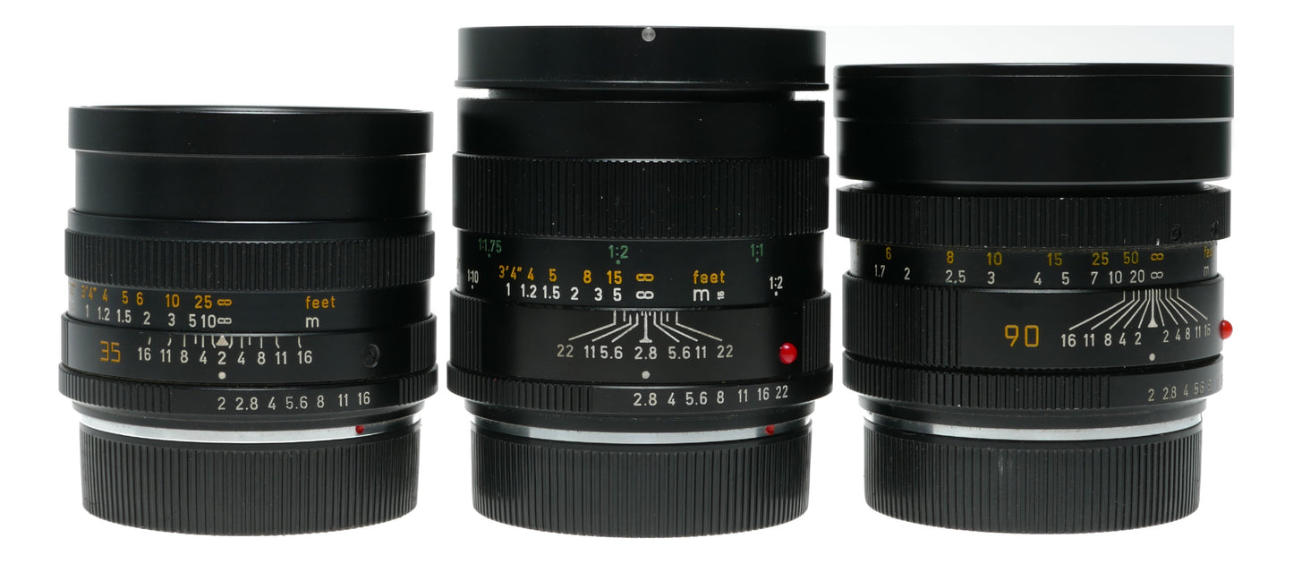 Leica R6.2 SLR 35, 90 and 60mm Macro-Elmarit-R film camera set