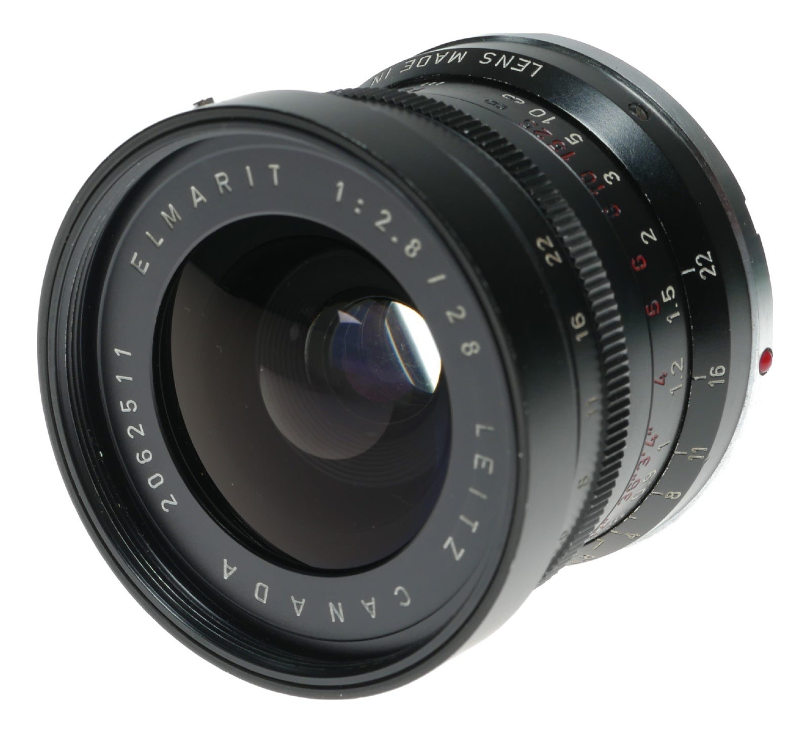 Leica Elmarit 1:2.8/28 mm vintage lens Canada hood infinity tab 9 elements