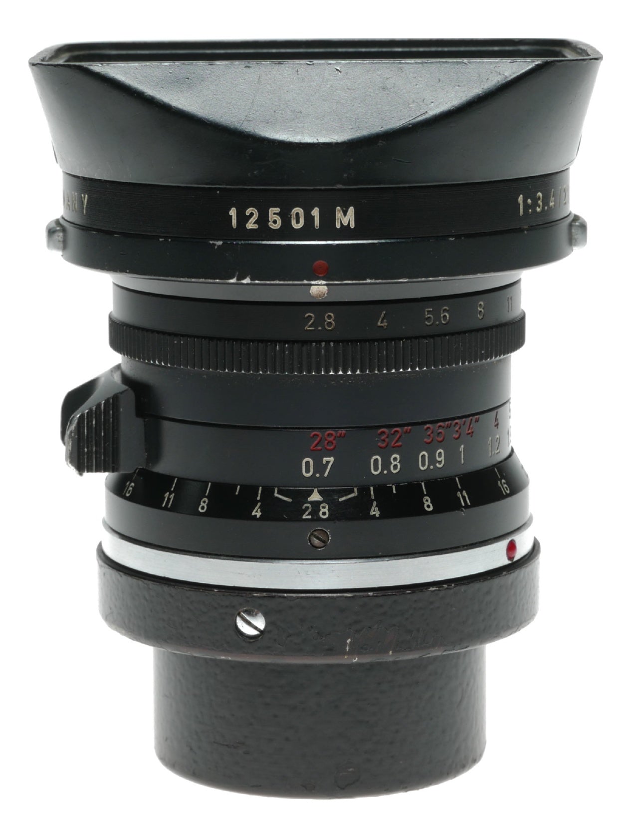 Leica Elmarit 1:2.8/28 mm vintage lens Canada hood infinity tab 9 elements