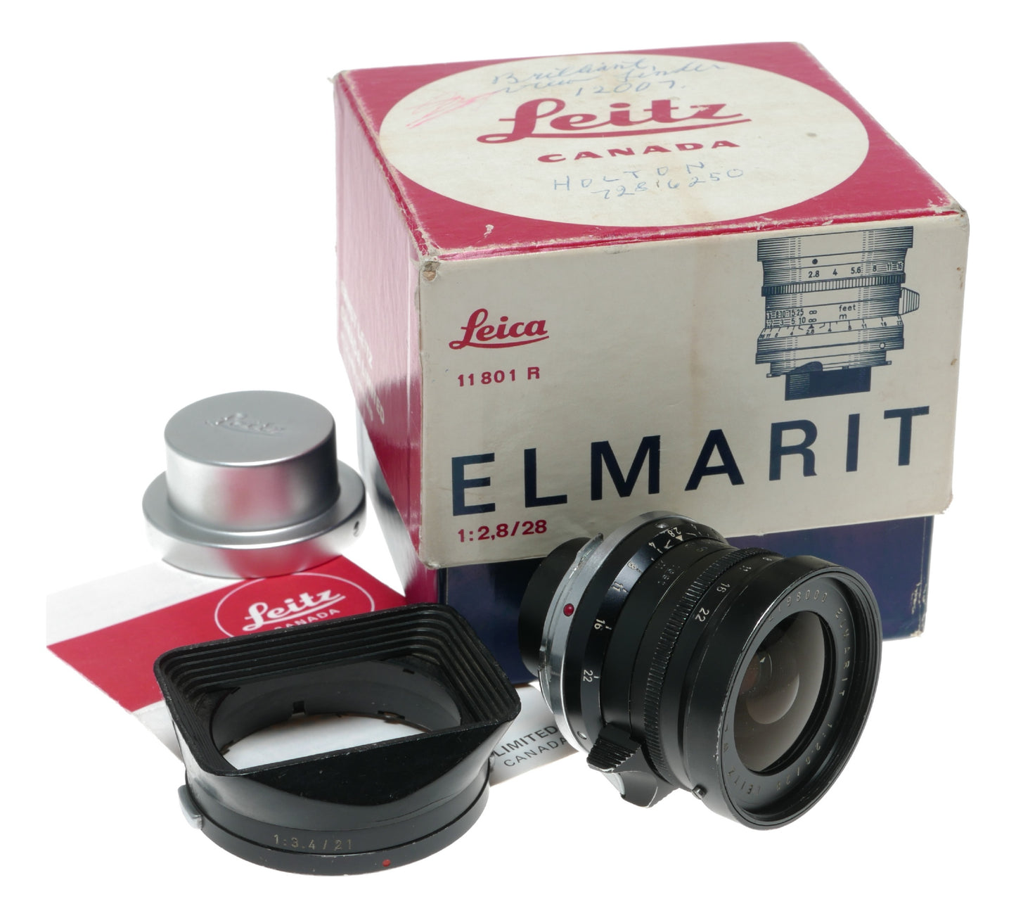 Leitz Elmarit 1:2.8/28 mm Leitz lens Germany hood infinity tab 9 elements Box
