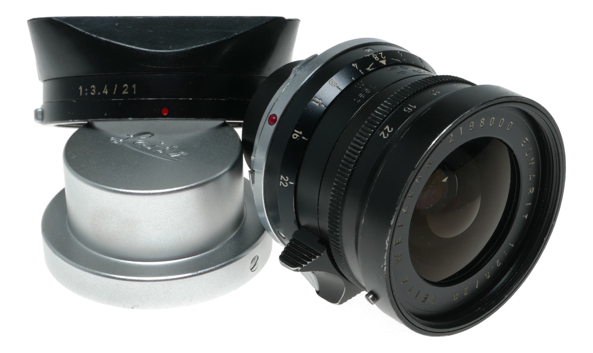 Leitz Elmarit 1:2.8/28 mm Leitz lens Germany hood infinity tab 9 elements Box
