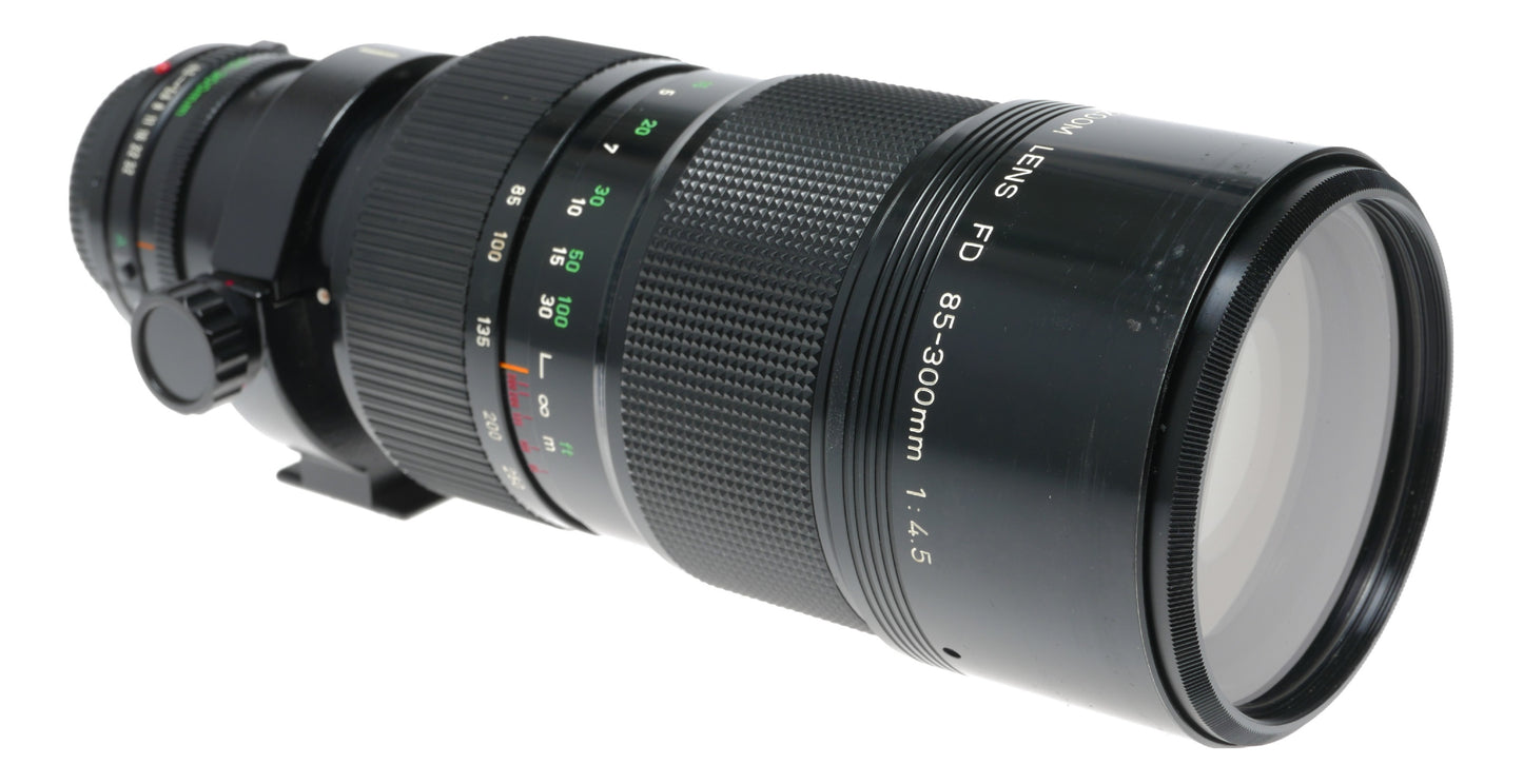 Canon FD 85-300/4.5 Zoom lens fits SLR 35mm film camera set box hood caps