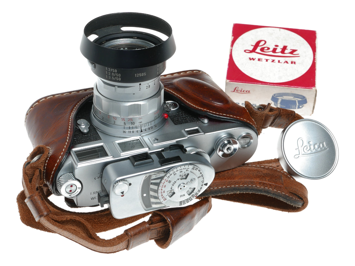 Leica M3 film camera Summicron 2/50 vented hood meter case pristine