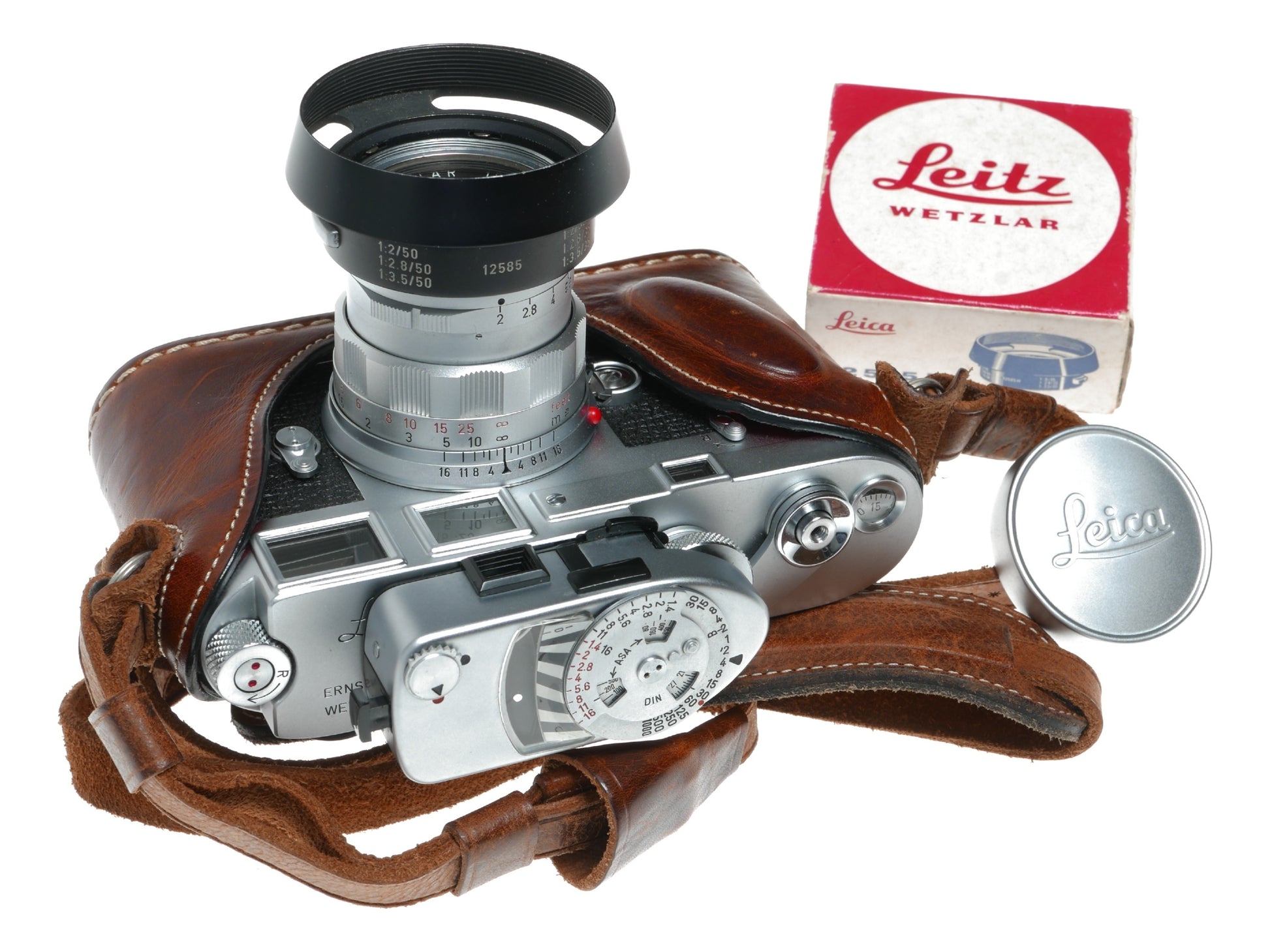 Leica M3 film camera Summicron 2/50 vented hood meter case pristine