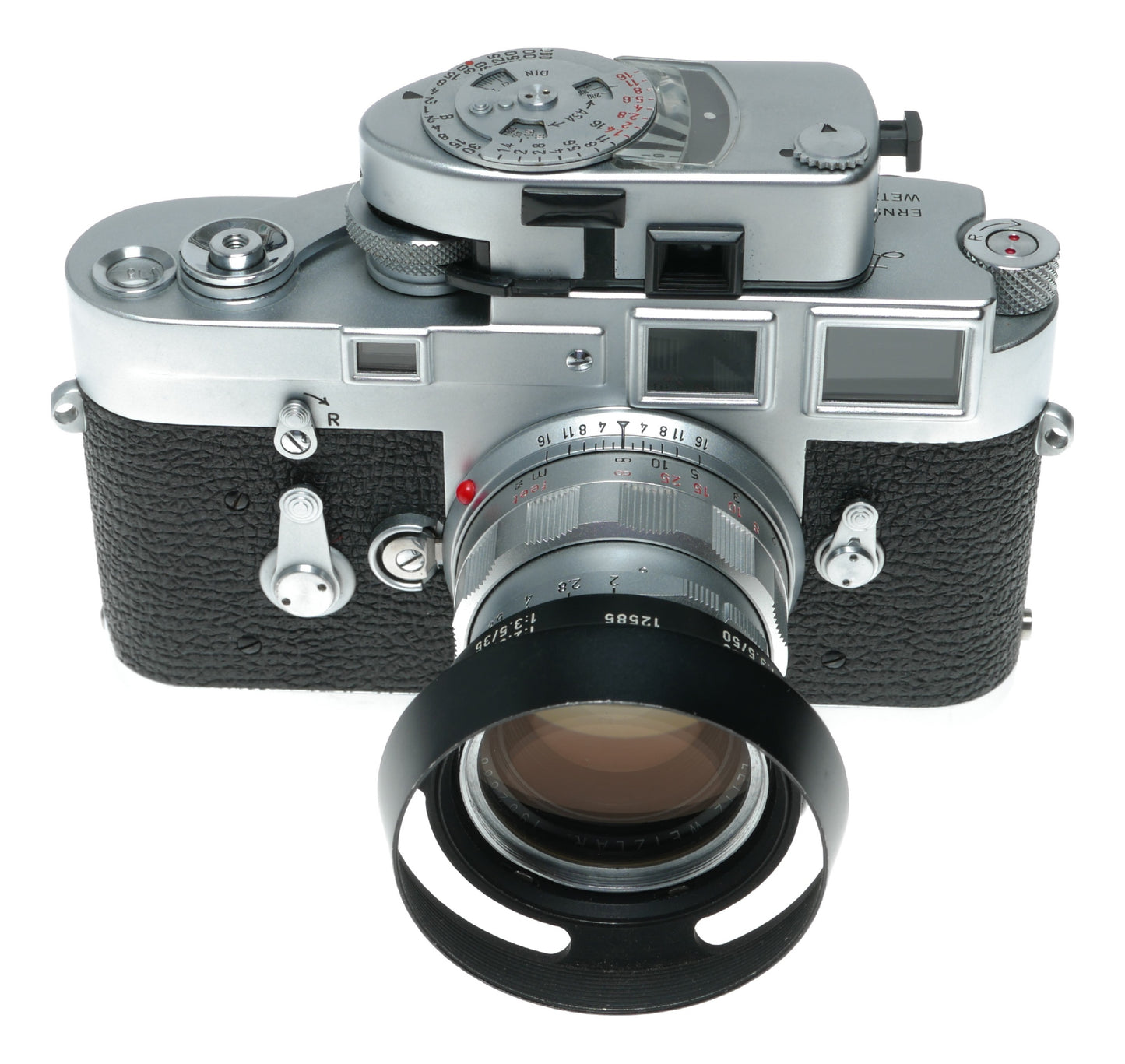 Leica M3 film camera Summicron 2/50 vented hood meter case pristine