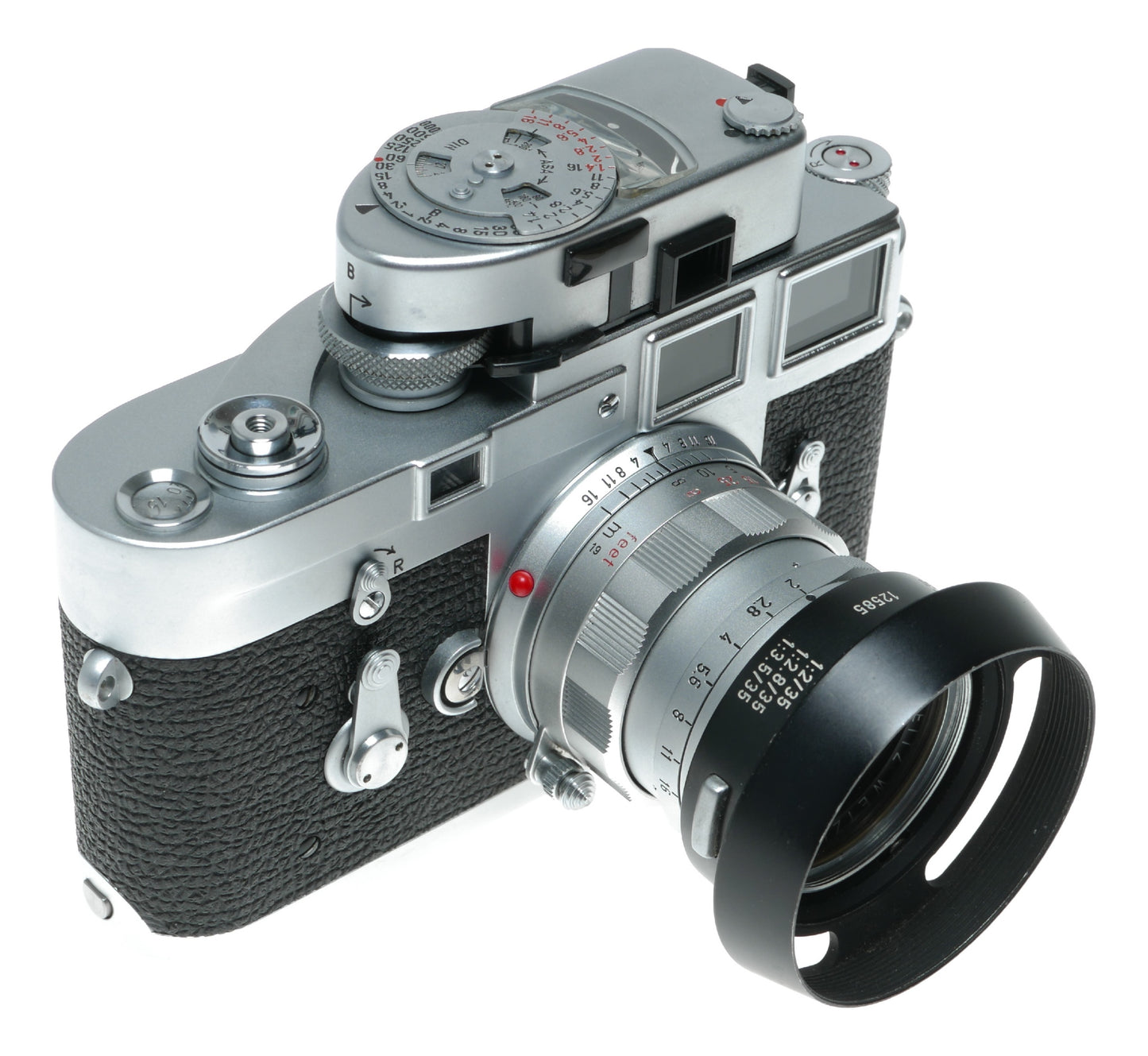Leica M3 film camera Summicron 2/50 vented hood meter case pristine