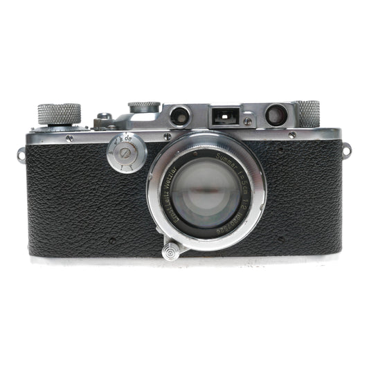 Leica IIIf 35mm film camera with Summar 5cm 1:2 lens case cap